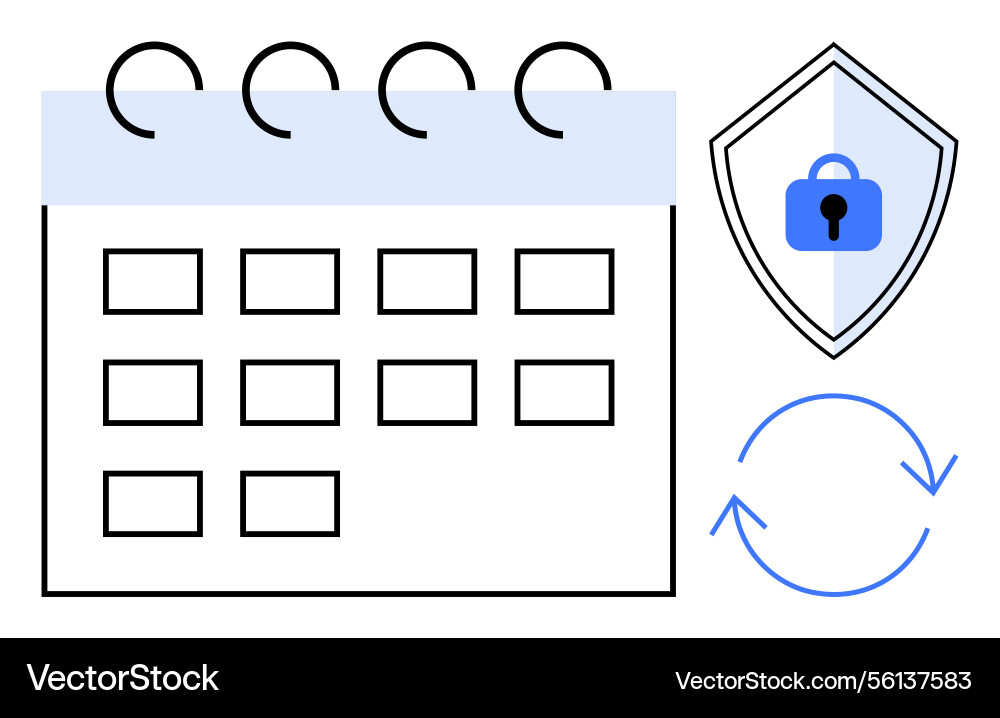 Calendar with security shield and sync arrows Calendar with security shield and sync arrows vector image