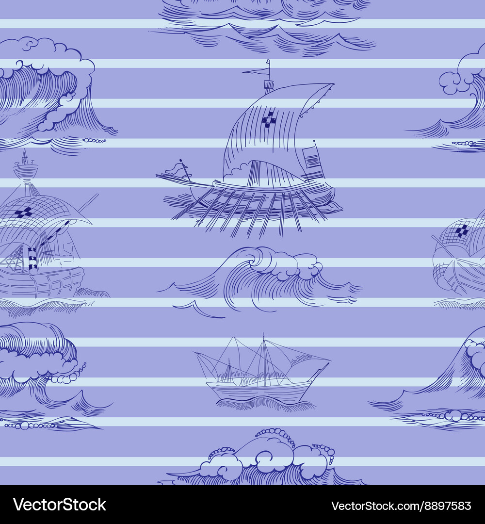 Seamless pattern with waves and ships Vector Image