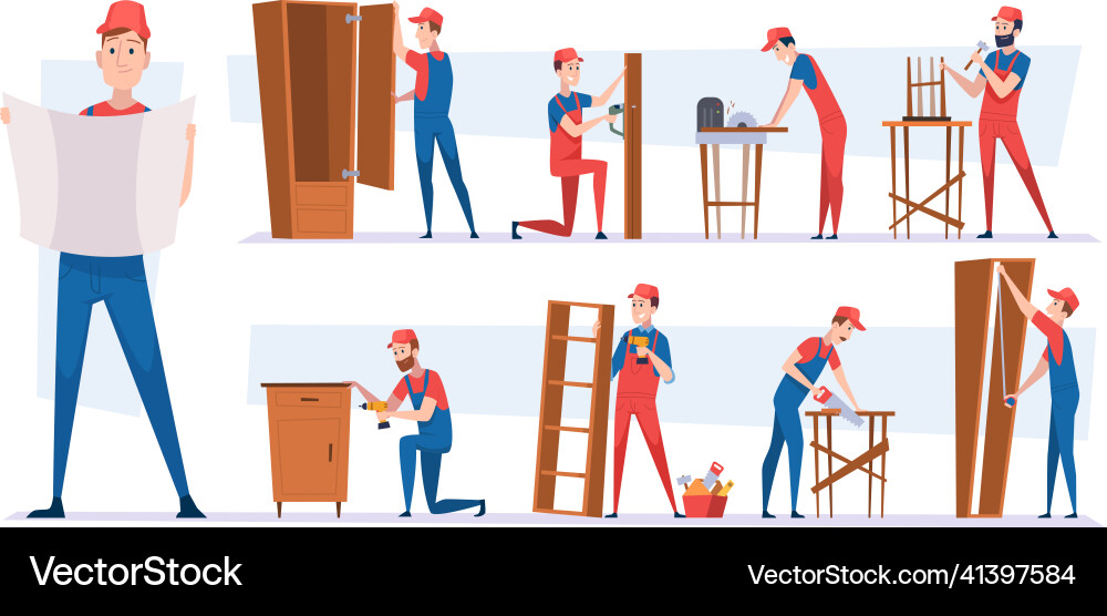 Carpenter workers handyman characters installing vector image