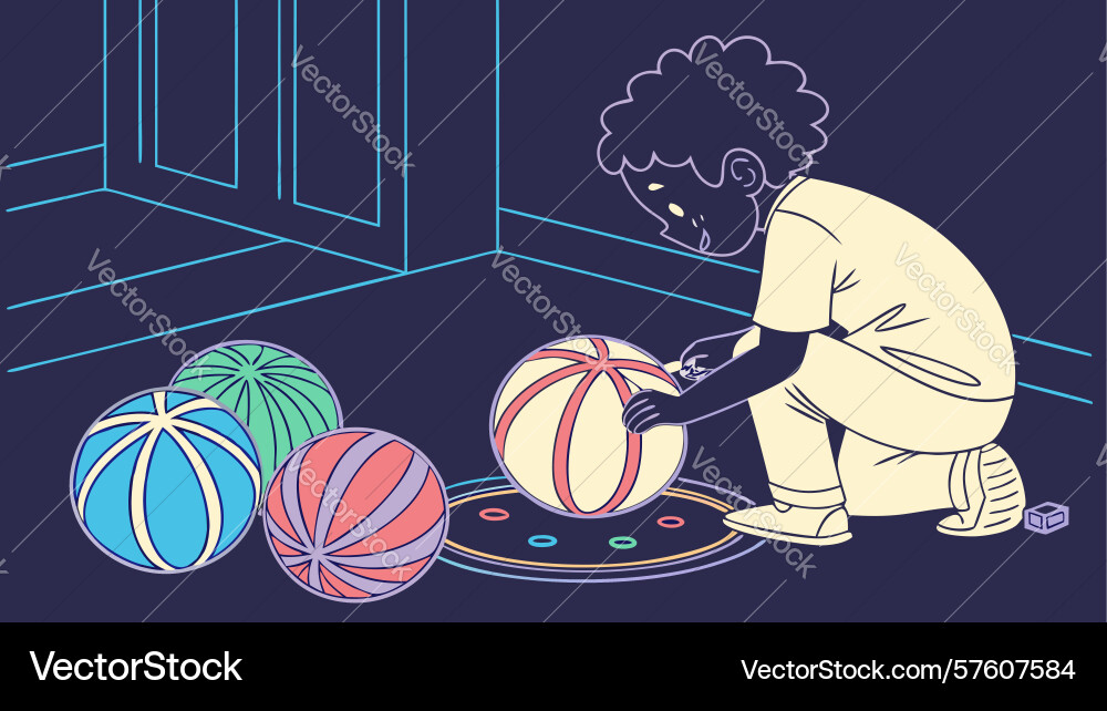 Child playing with colorful balls on the floor Vector Image