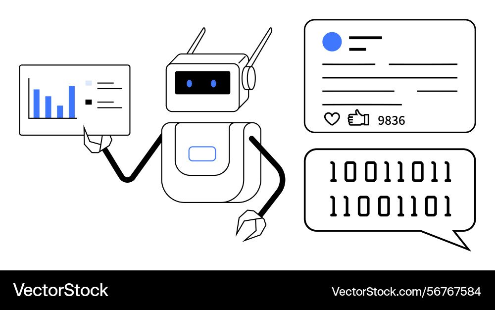 Robot analyzing data and generating social media Robot analyzing data and generating social media Vector Image
