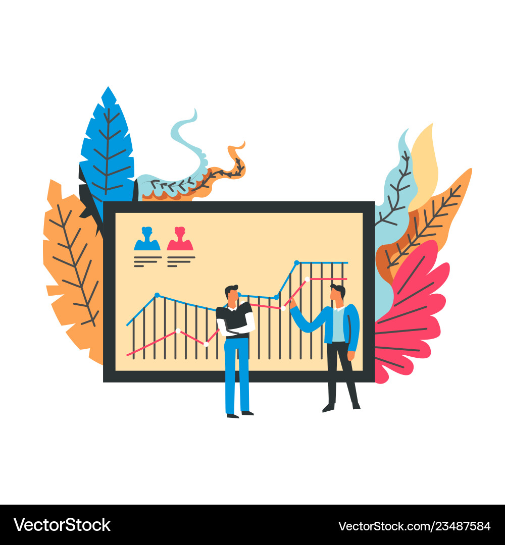 Two men discussing the line graph data chart Two men discussing the line graph data chart vector image