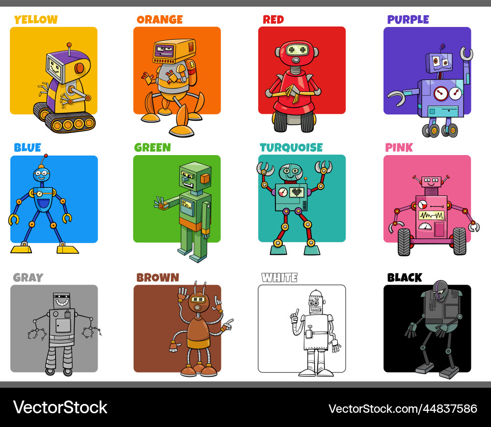 Basic colors set with cartoon robots characters Basic colors set with cartoon robots characters vector image