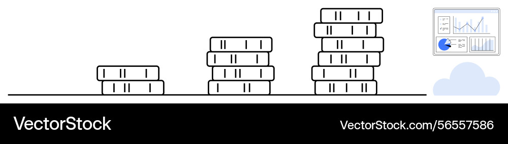 Growing stack of coins with data dashboard Growing stack of coins with data dashboard vector image