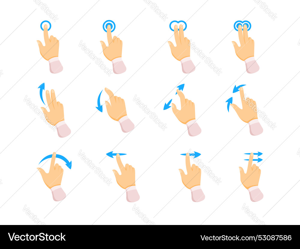 Touch screen hand gestures set like swipe scroll Touch screen hand gestures set like swipe scroll vector image