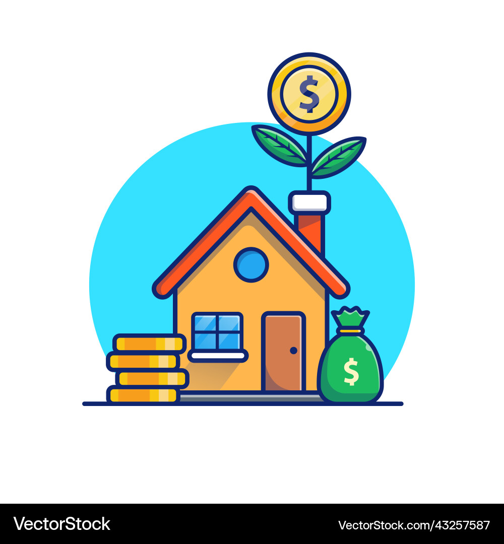 Haus mit Goldmünze Geld Pflanze Cartoon Haus mit Goldmünze Geld Pflanze Cartoon vektorbild