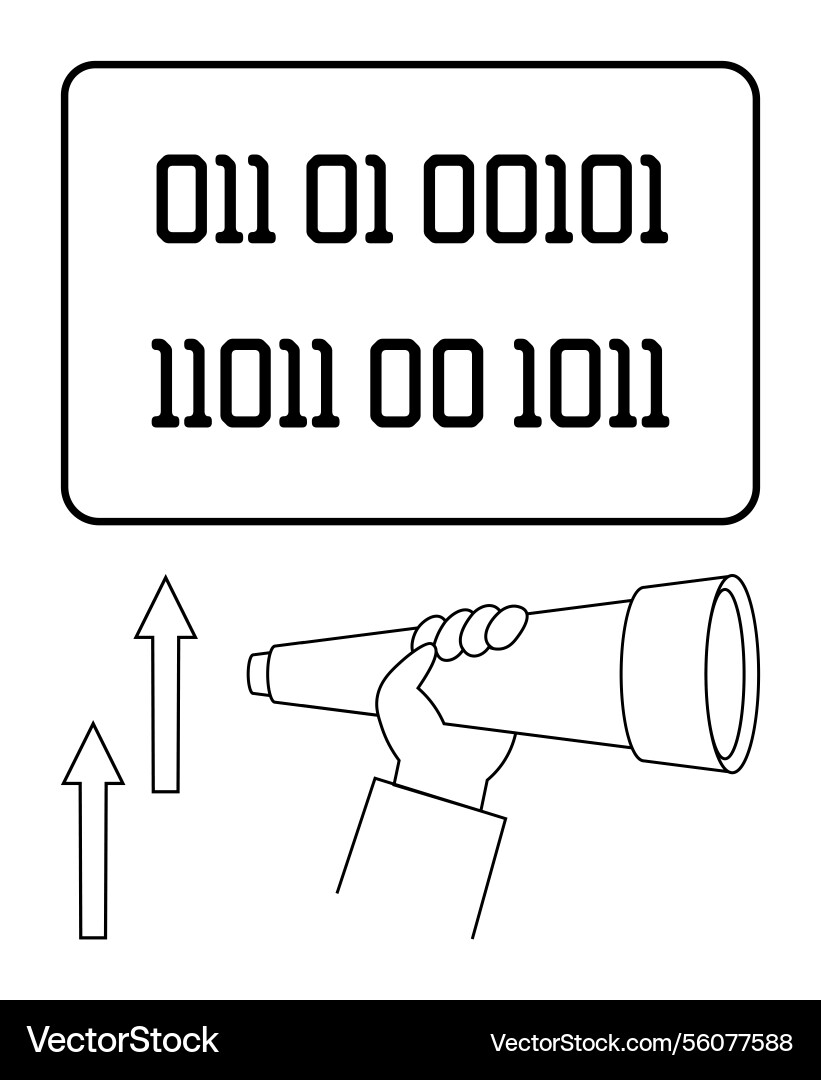 Hand holding a telescope analyzing binary code Hand holding a telescope analyzing binary code vector image