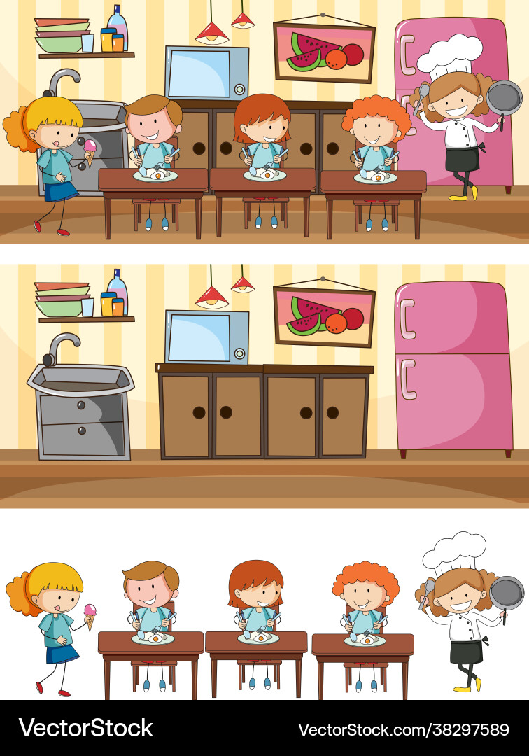 Set kitchen scene with many kids doodle – Royalty-Free Vector | VectorStock, image size:756x1080