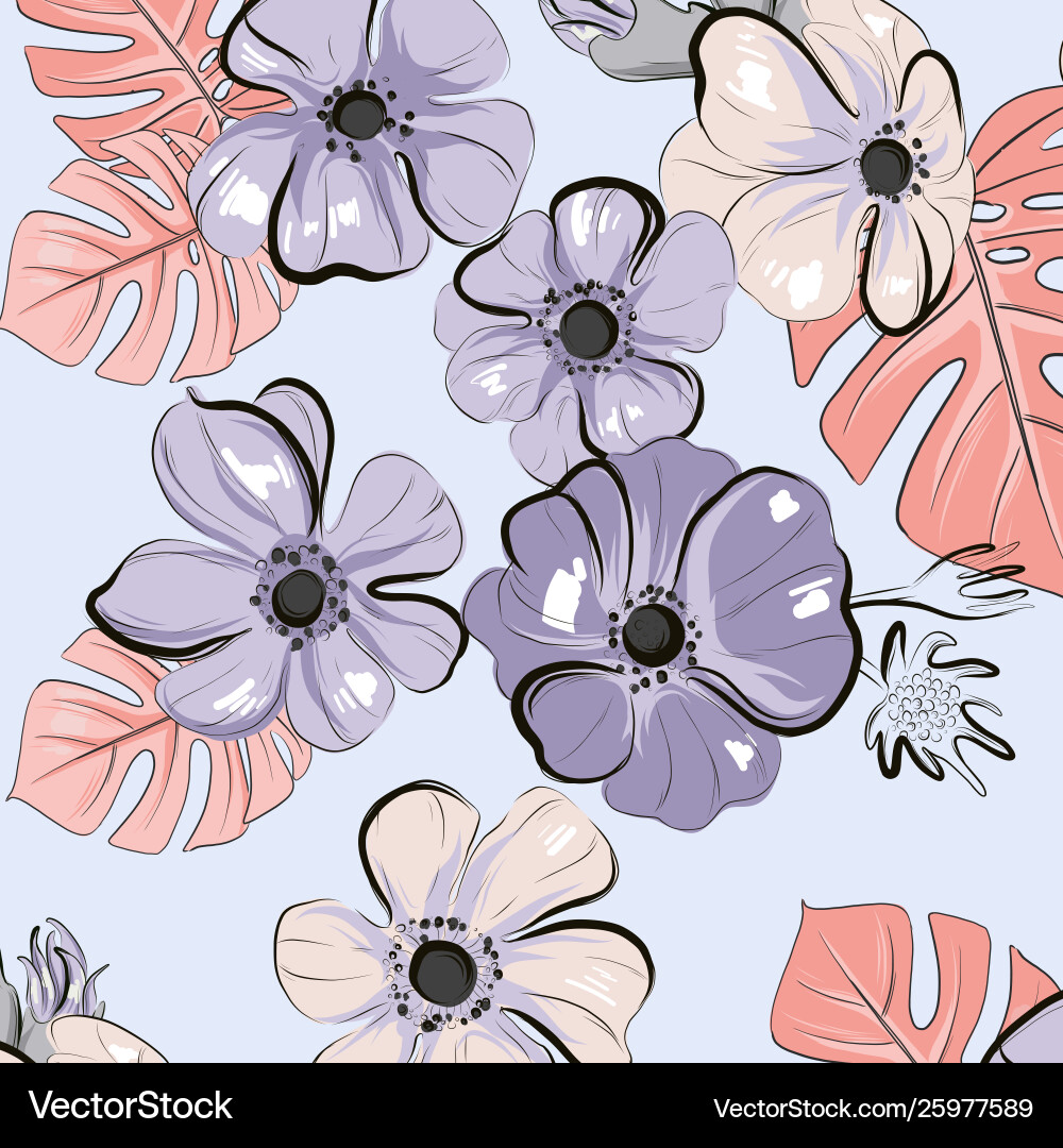 Vintage pastel leaves and anemone flowers texture Vintage pastel leaves and anemone flowers texture vector image