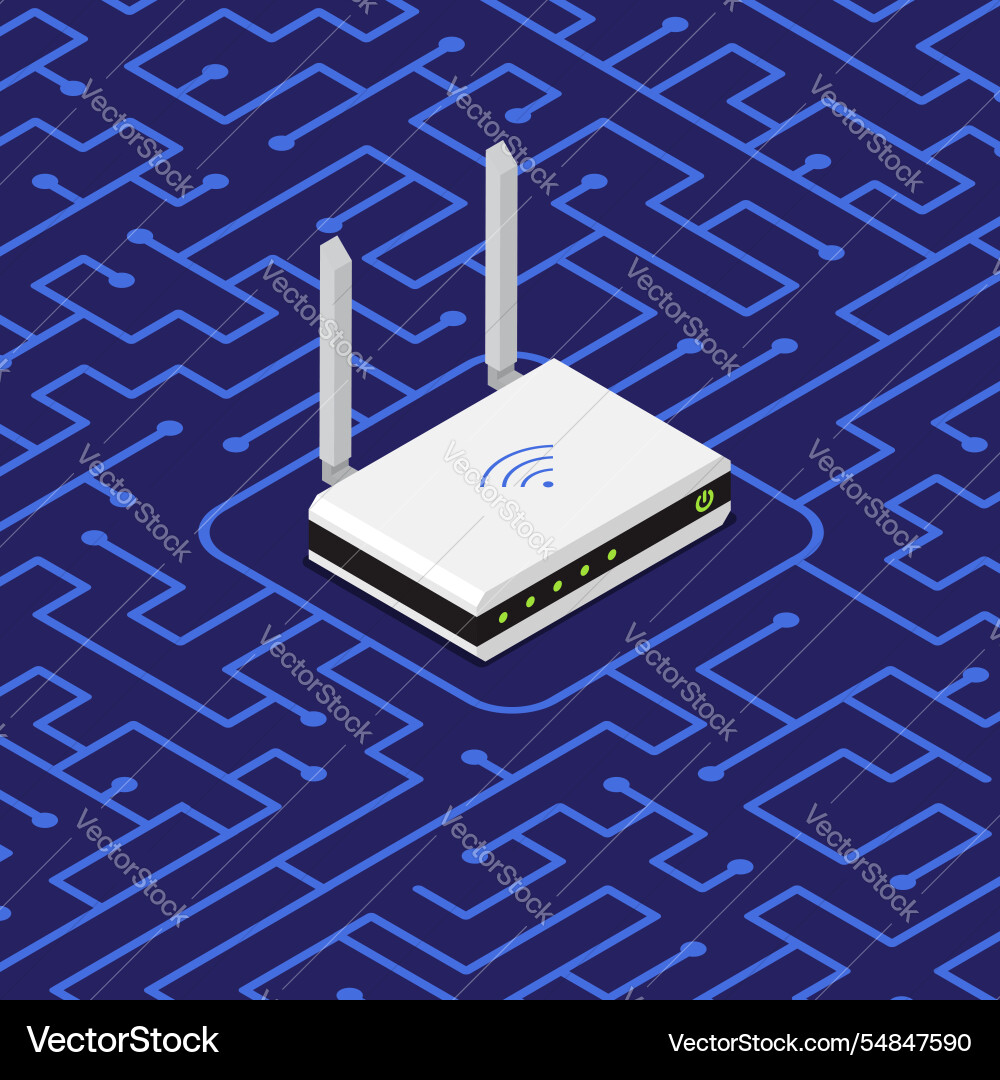 Isometric wireless wifi router device in center Isometric wireless wifi router device in center Vector Image