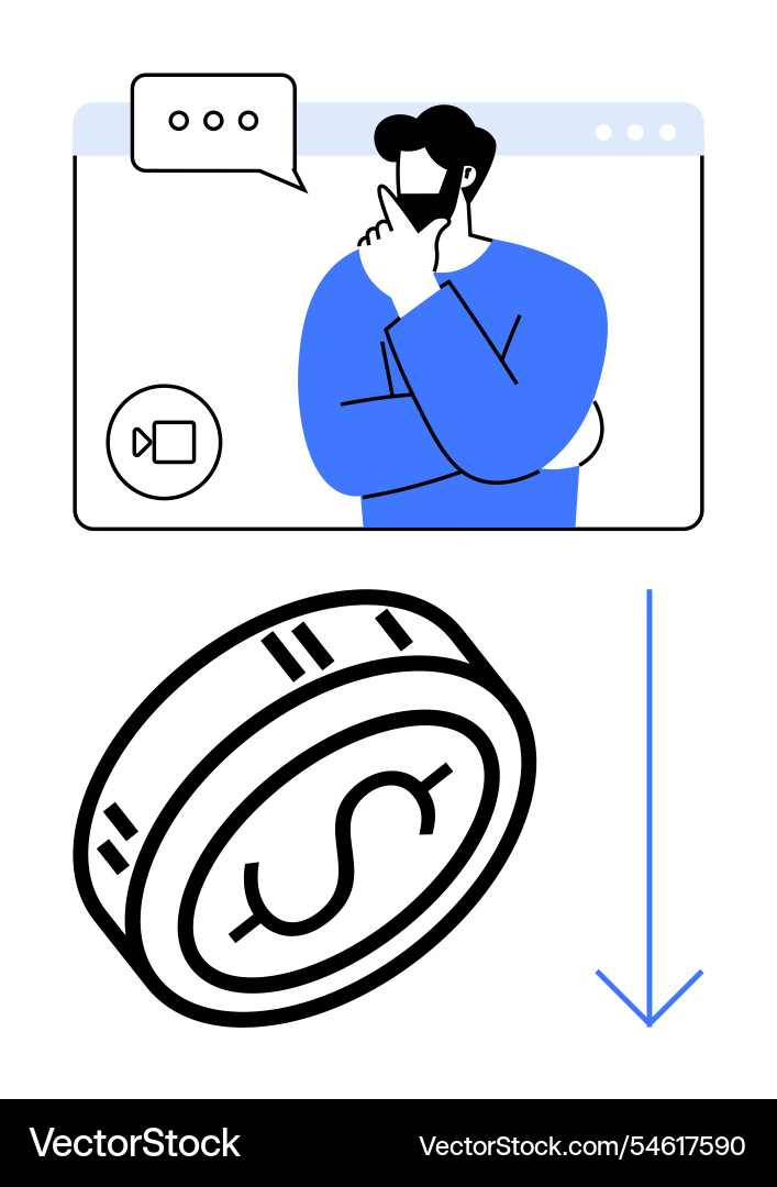 Man in video call thinking with downward arrow Man in video call thinking with downward arrow vector image