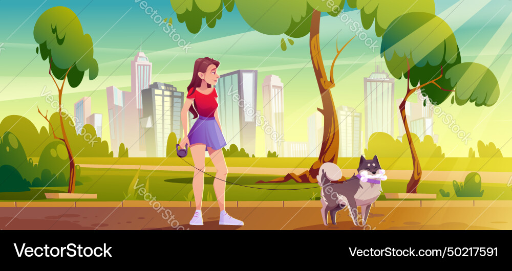 Junge Frau mit Hund zu Fuß im öffentlichen Stadtpark Junge Frau mit Hund zu Fuß im öffentlichen Stadtpark vektorbild