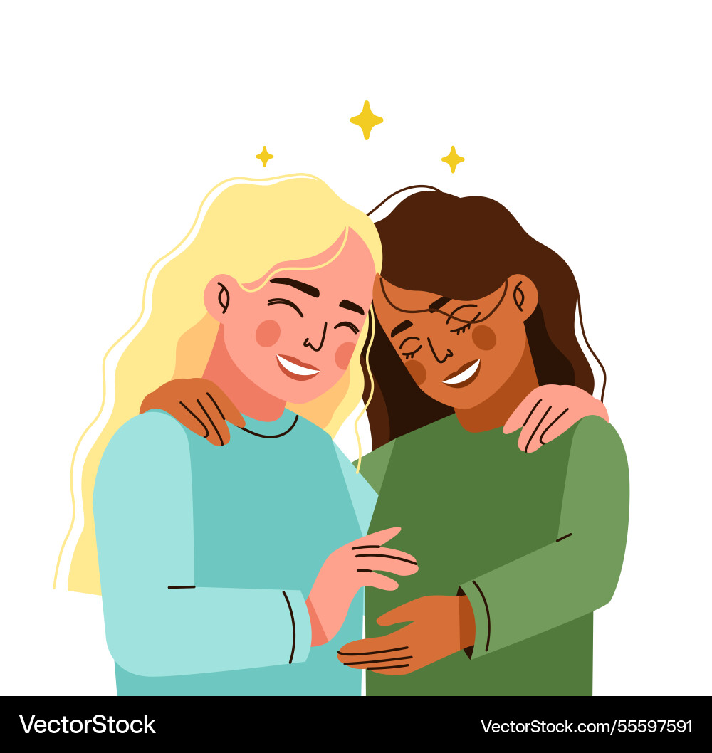 Konzept weibliche Freundschaft Paar Frauen umarmen Konzept weibliche Freundschaft Paar Frauen umarmen vektorbild
