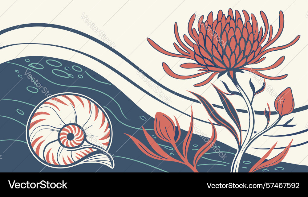 Abstract botanical composition with nautilus Vector Image