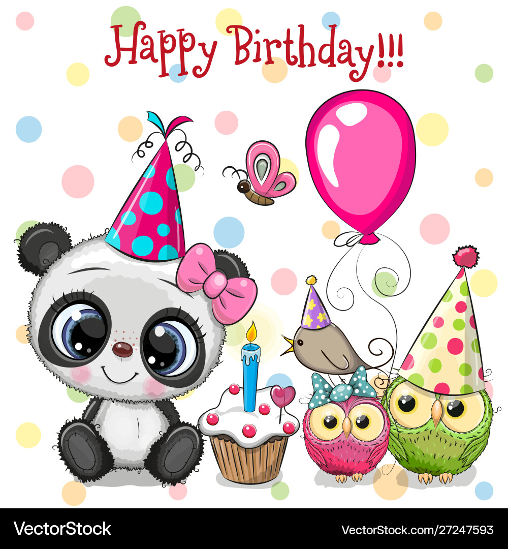 Cute panda and owls with balloon bonnets Cute panda and owls with balloon bonnets vector image