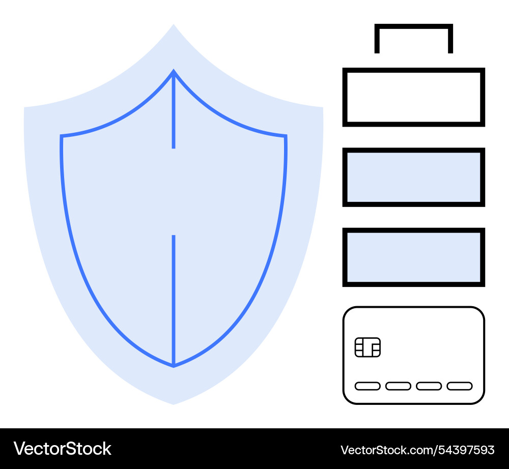 Shield with credit card and bar charts symbolizing Shield with credit card and bar charts symbolizing vector image