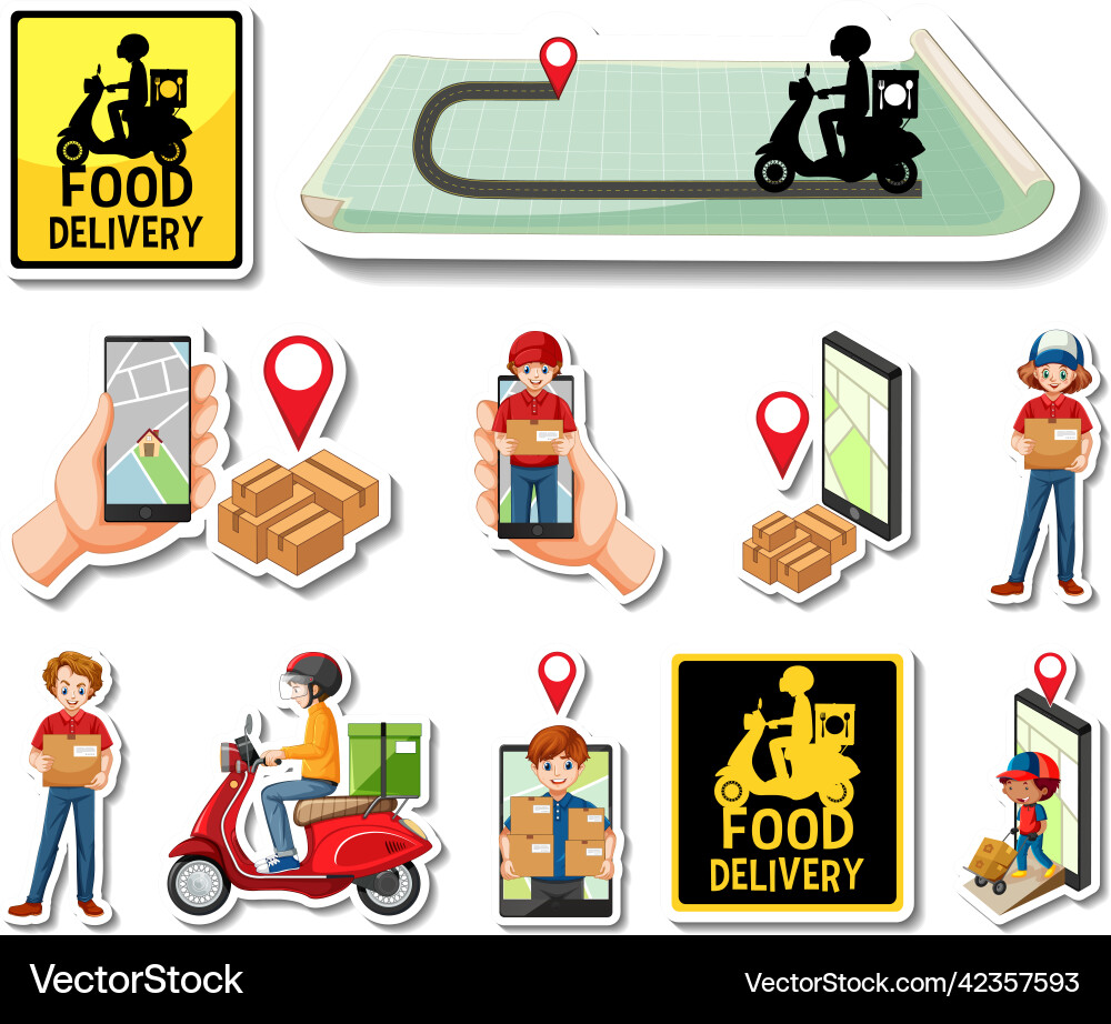 Sticker set of delivery objects and cartoon Sticker set of delivery objects and cartoon vector image