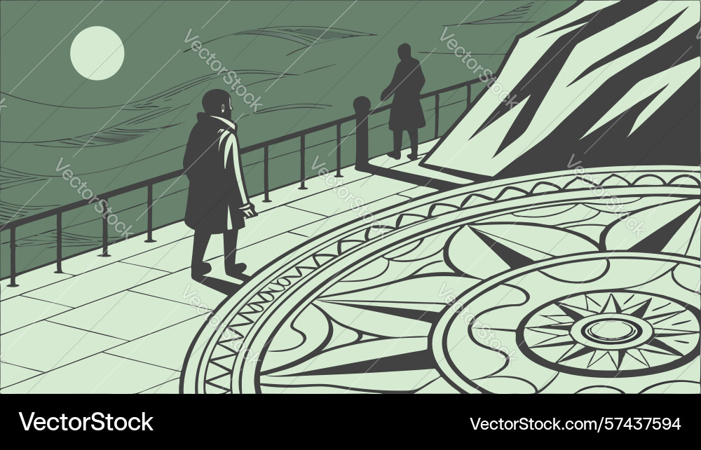 Figures on circular path overlooking a distant vector image
