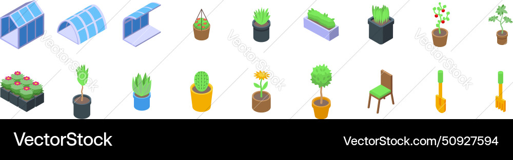 Greenhouse interior icons set isometric Greenhouse interior icons set isometric vector image