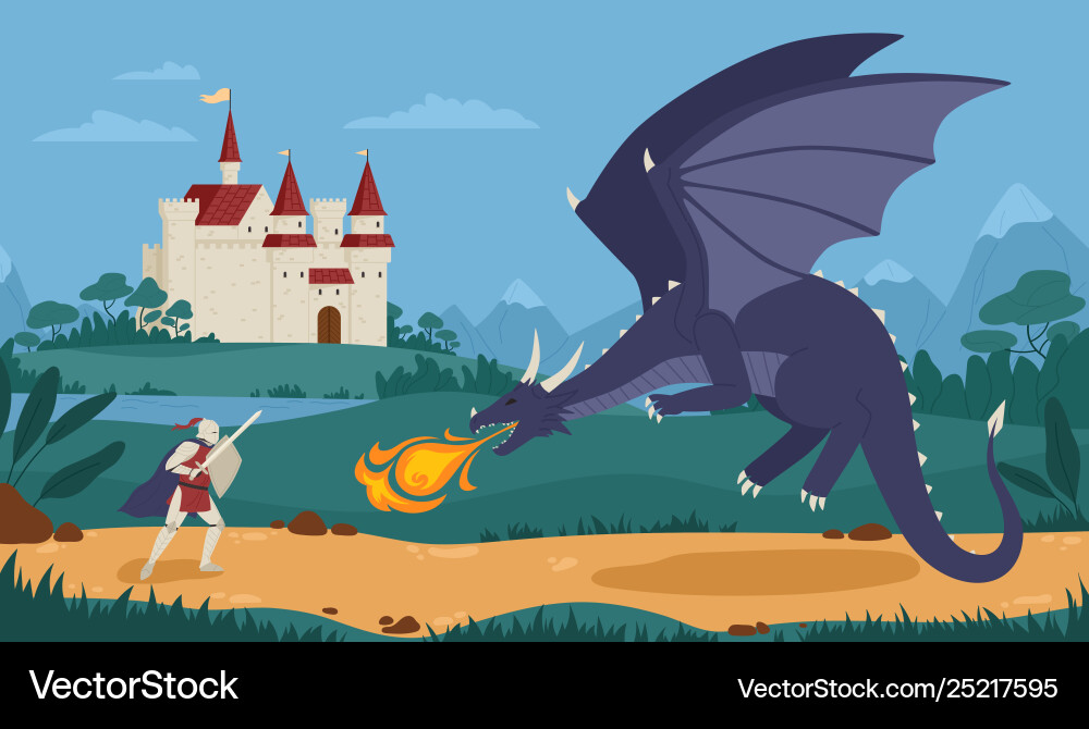 Brave knight or swordsman fighting with dragon Brave knight or swordsman fighting with dragon vector image