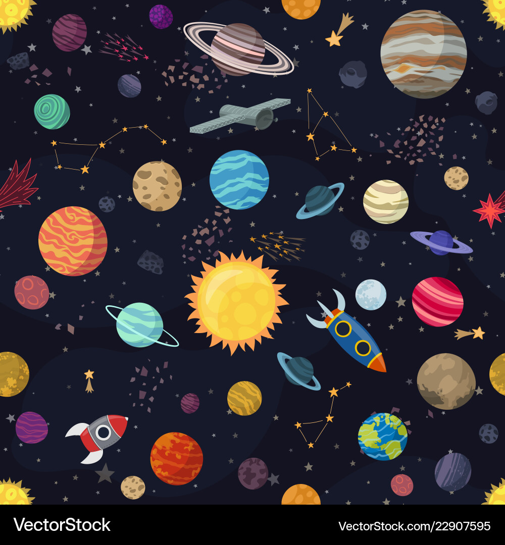 Colorful Cartoon Space Planets & Rockets Vector Image