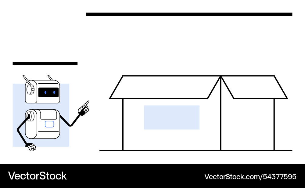 Friendly robot pointing at simple house Friendly robot pointing at simple house vector image