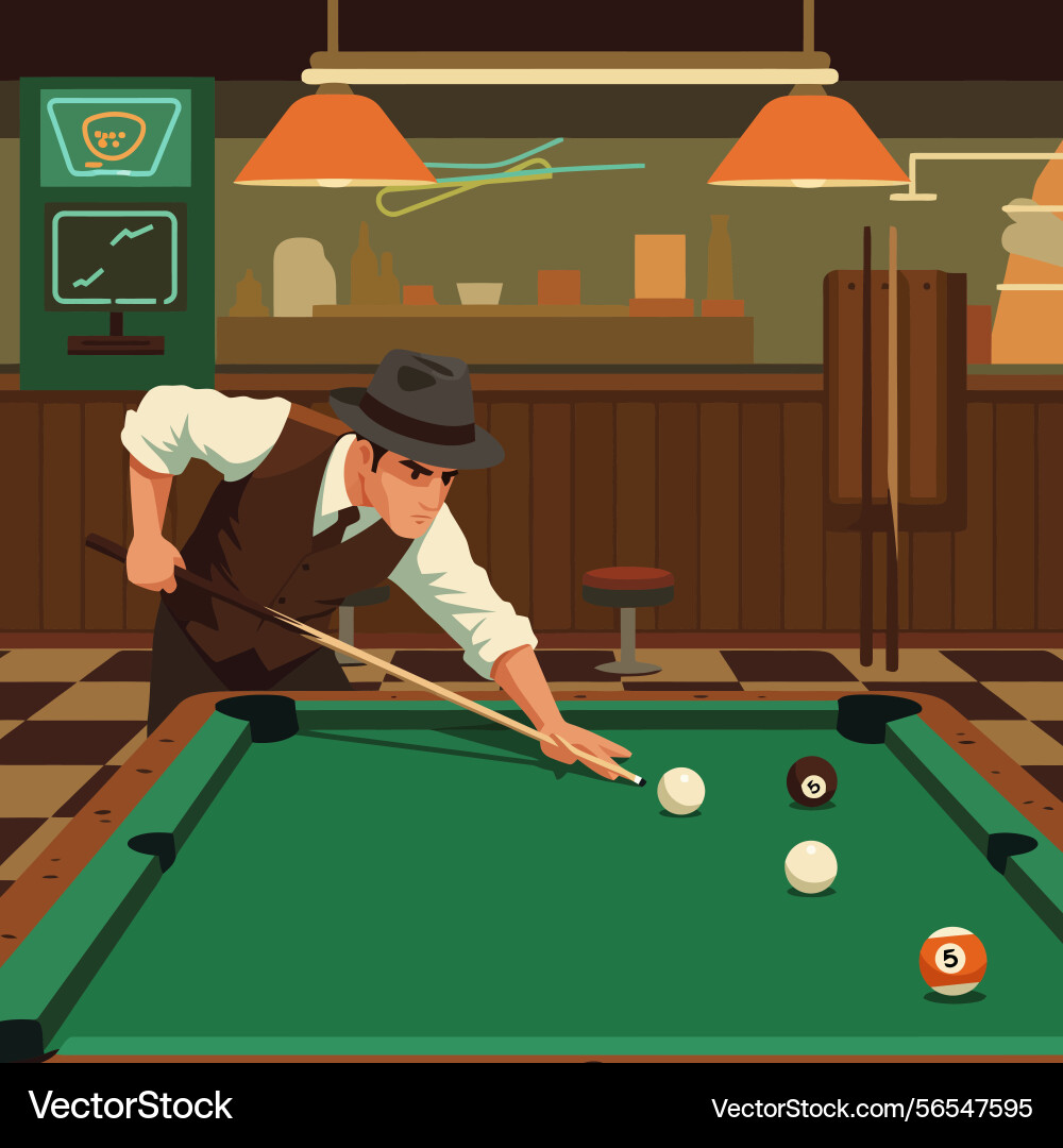 Man playing pool focusing with cue on billiard vector image