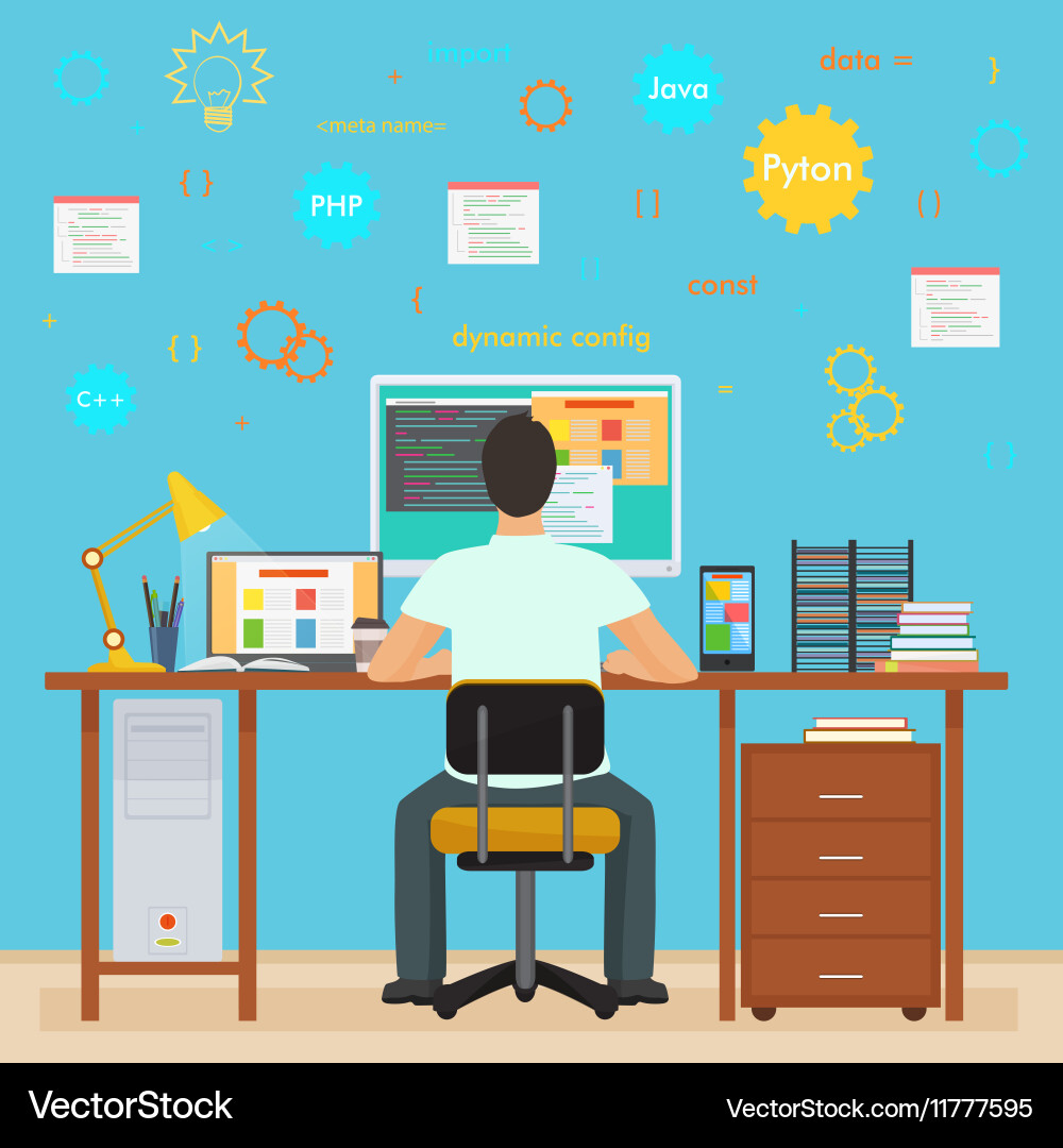 Programmer Working on Computer vector image
