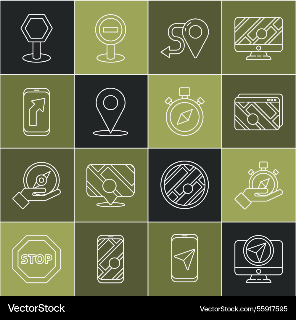 Set line monitor with location marker compass Set line monitor with location marker compass vector image