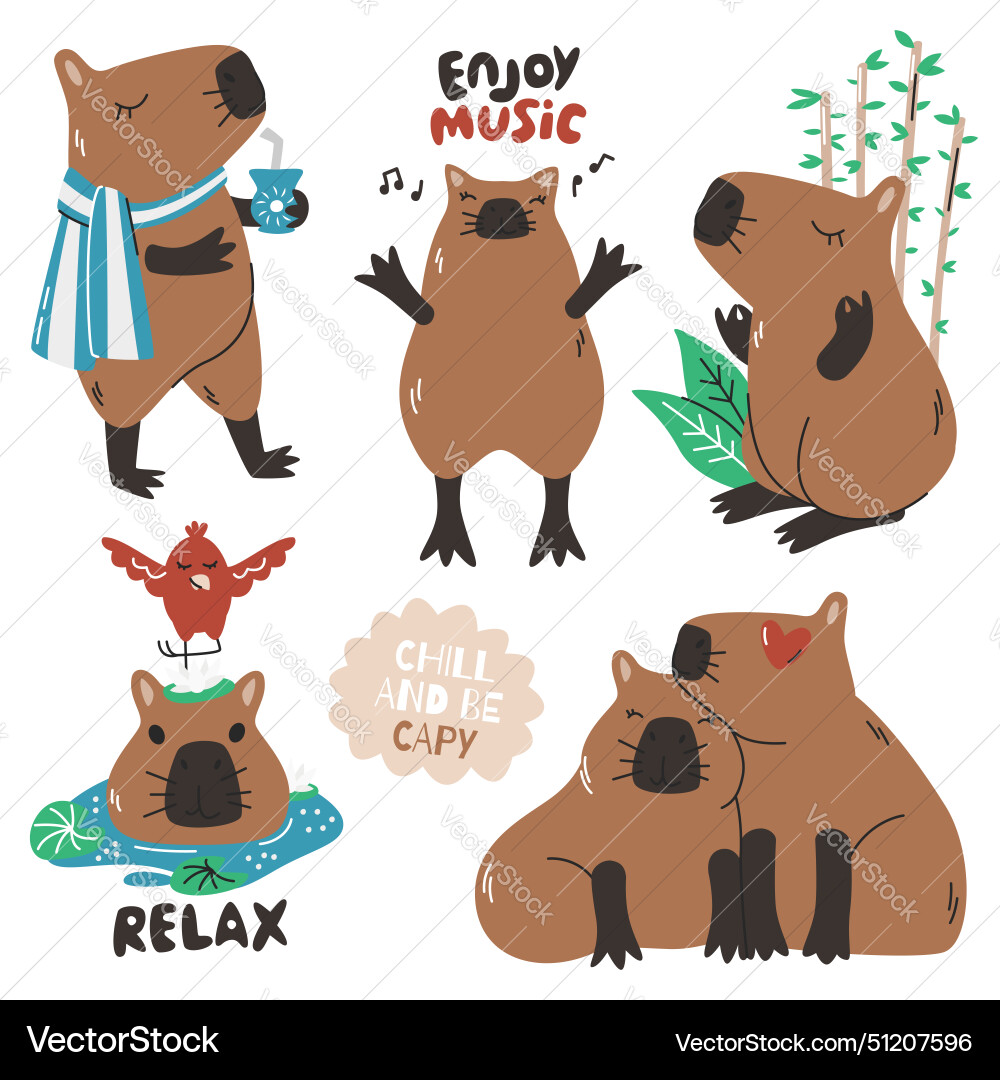 Adorable capybara character sticker collection Vector Image