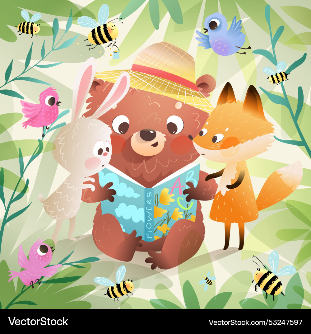 Animals bear fox and bunny read book in forest Animals bear fox and bunny read book in forest vector image