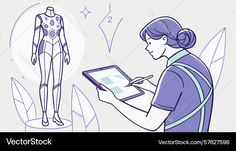 Designer using tablet for robotic arm creation vector image