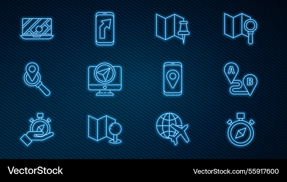 Set line compass route location folded map Set line compass route location folded map vector image