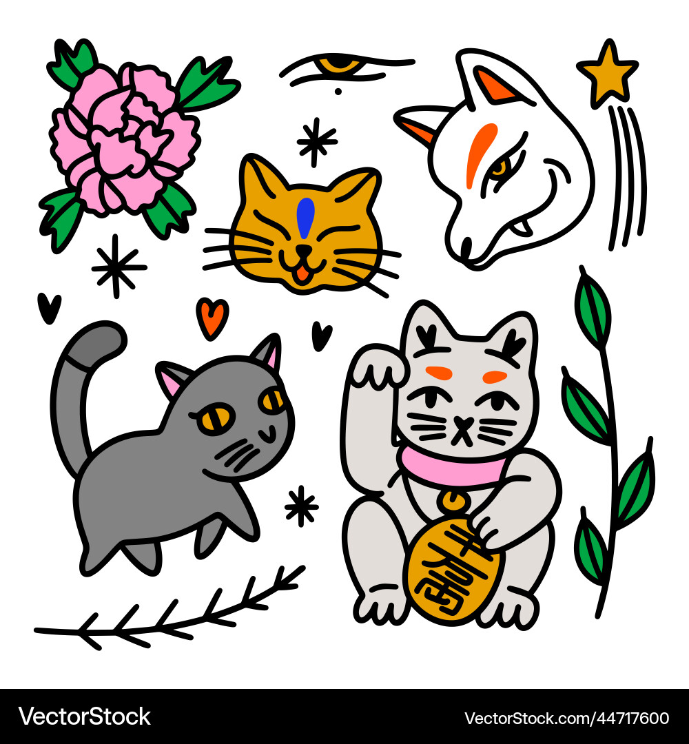 Set of kawaii japanese cartoon stickers kitsune Set of kawaii japanese cartoon stickers kitsune vector image