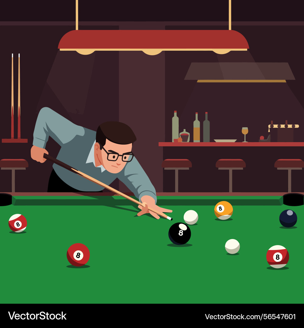 Man aiming cue at billiard ball on table in bar Vector Image