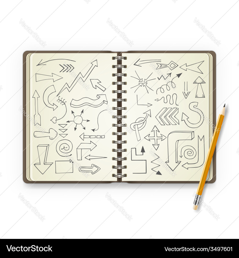 Pencil and open notebook with painted arrows vector image