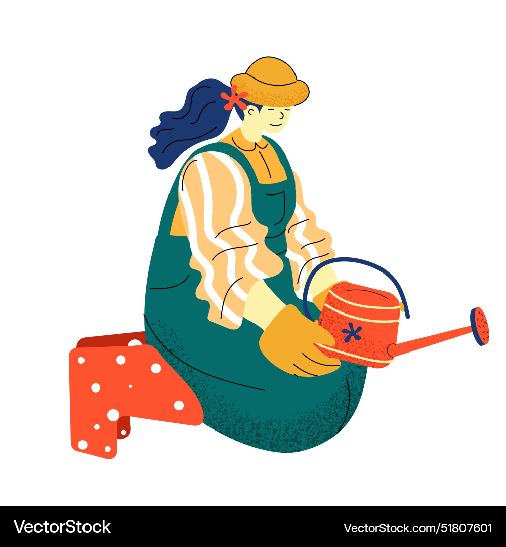Woman gardening in overalls with watering can Woman gardening in overalls with watering can vector image