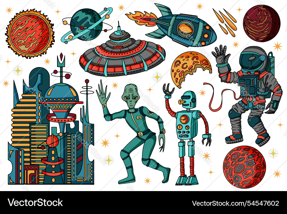 Colorful design set with retro space objects Colorful design set with retro space objects vector image