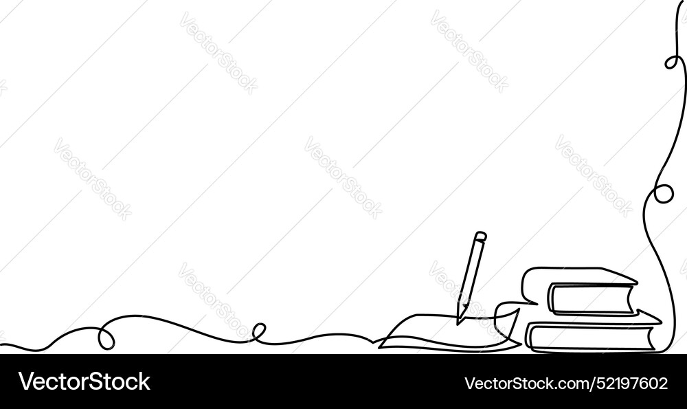 Paper list with pen and books continuous one line vector image