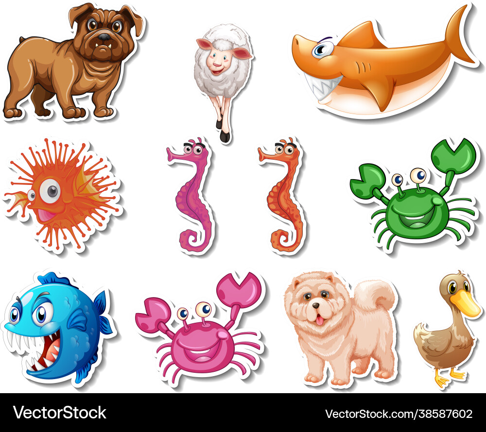 Set stickers with sea animals and dogs cartoon Set stickers with sea animals and dogs cartoon vector image