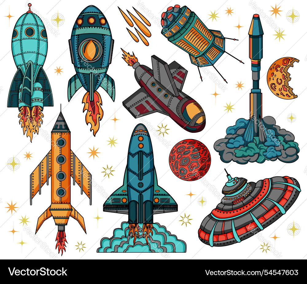 Colorful design set with retro spaceships Colorful design set with retro spaceships vector image