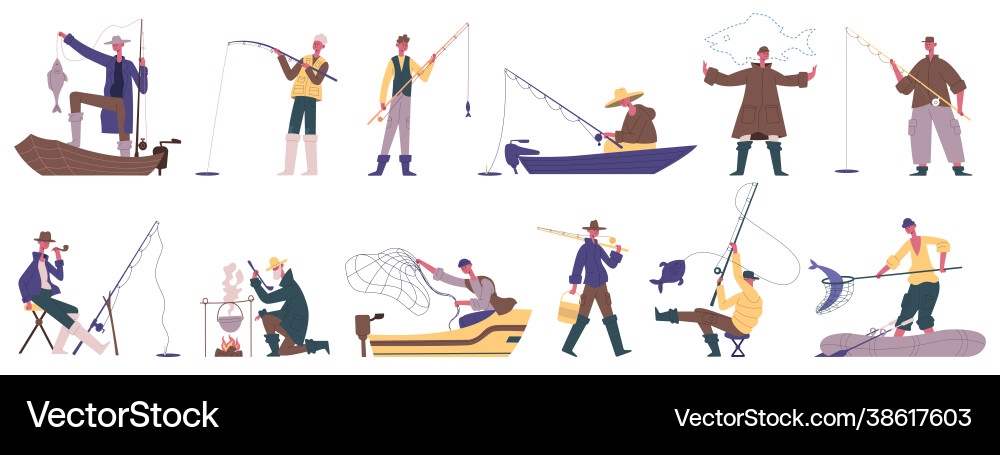 Fisherman characters fishing summer outdoor Fisherman characters fishing summer outdoor vector image