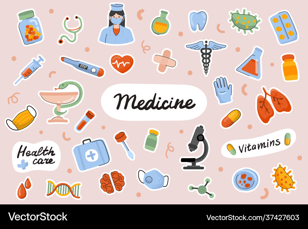 Medicine cute stickers template set Medicine cute stickers template set vector image