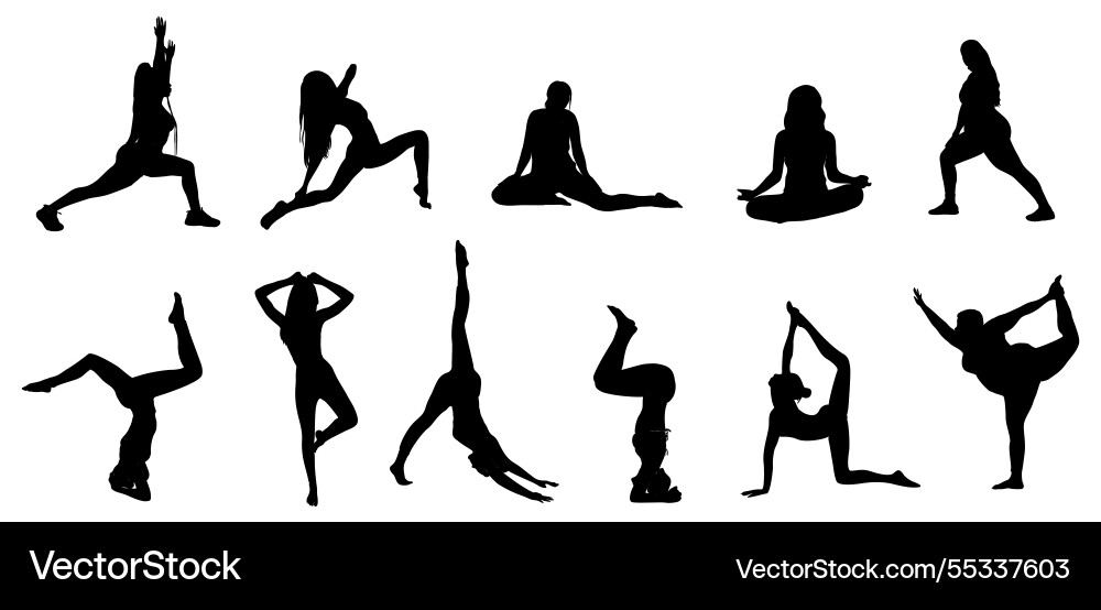 Set of different women in yoga poses silhouette Set of different women in yoga poses silhouette vector image