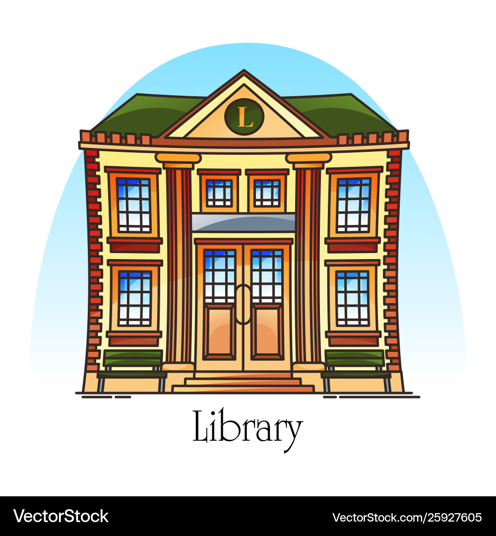 Flat public library building in thin line vector image