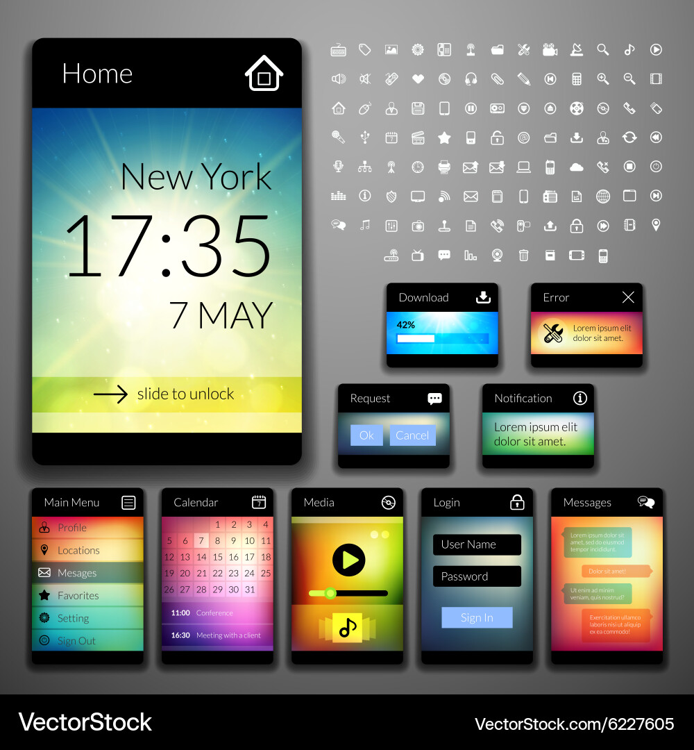 Mobile interface elements with colorful wallpaper Vector Image