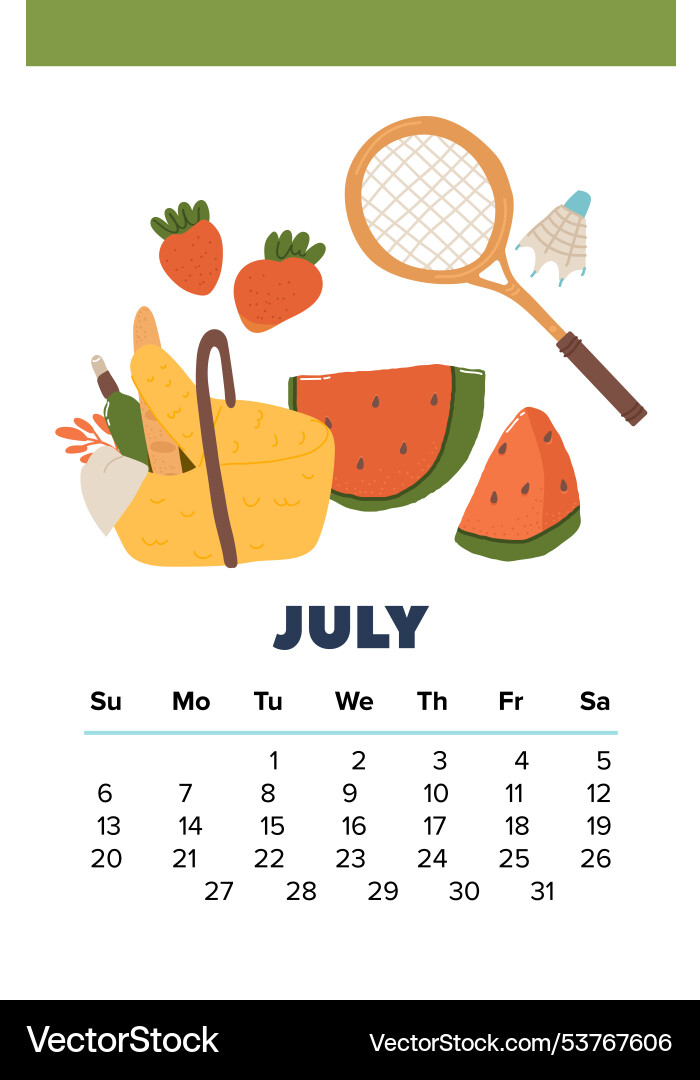 Cozy july calendar with handdrawn elements Vector Image