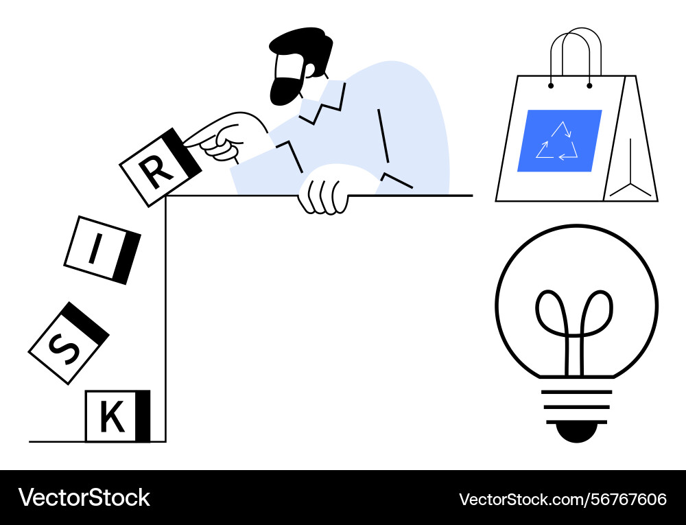 Man preventing risk blocks from falling near Man preventing risk blocks from falling near vector image