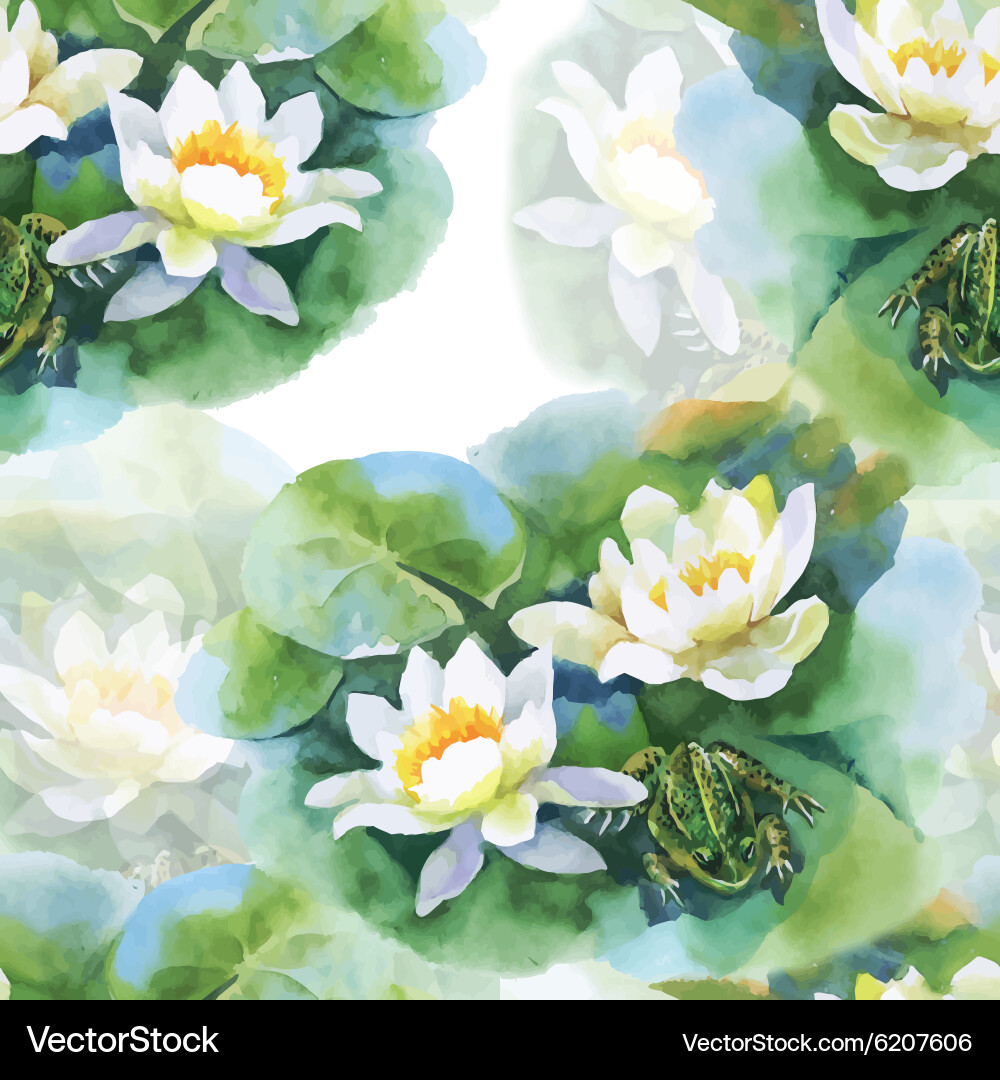 Water Lily Pond Seamless Pattern with Frog Vector Image