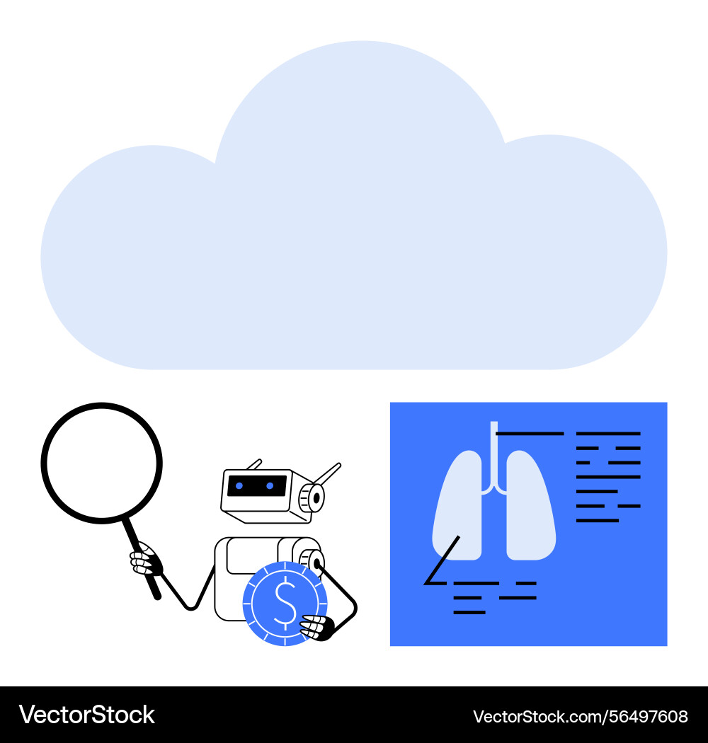 Robot analyzing data with magnifying glass Robot analyzing data with magnifying glass vector image